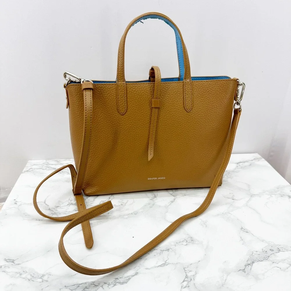 Draper James Reversible‎ Mini Tote Bag Tan Brown Blue Pebbled Leather Crossbody
